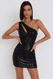 Black One Shoulder Bodycon Sequins Short Cocktail Dress with Cut Out