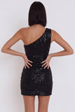 Black One Shoulder Bodycon Sequins Short Cocktail Dress with Cut Out
