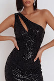 Black One Shoulder Bodycon Sequins Short Cocktail Dress with Cut Out