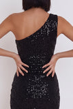Black One Shoulder Bodycon Sequins Short Cocktail Dress with Cut Out