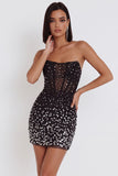 Black Bodycon Corset Strapless Short Cocktail Dress with Rhinestone