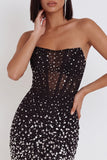 Black Bodycon Corset Strapless Short Cocktail Dress with Rhinestone