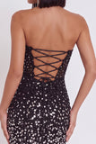 Black Bodycon Corset Strapless Short Cocktail Dress with Rhinestone