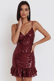Sequins Burgundy Bodycon Spaghetti Straps Short Cocktail Dress with Ruffles