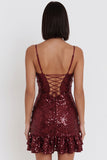 Sequins Burgundy Bodycon Spaghetti Straps Short Cocktail Dress with Ruffles