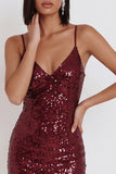 Sequins Burgundy Bodycon Spaghetti Straps Short Cocktail Dress with Ruffles