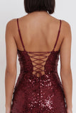 Sequins Burgundy Bodycon Spaghetti Straps Short Cocktail Dress with Ruffles