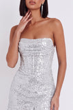 Silver Corset Bodycon Strapless Short Cocktail Dress with Ruffles
