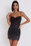 Sparkly Black Bodycon Spaghetti Straps Bow Short Cocktail Dress with Rhinestone