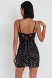 Sparkly Black Bodycon Spaghetti Straps Bow Short Cocktail Dress with Rhinestone