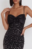 Sparkly Black Bodycon Spaghetti Straps Bow Short Cocktail Dress with Rhinestone