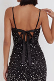 Sparkly Black Bodycon Spaghetti Straps Bow Short Cocktail Dress with Rhinestone