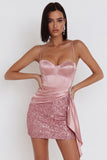 Pink Corset Spaghetti Straps Bodycon Short Cocktail Dress with Sequins