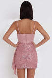 Pink Corset Spaghetti Straps Bodycon Short Cocktail Dress with Sequins