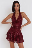 Burgundy Sequins Tiered Ruffle Halter Short Backless Cocktail Dress