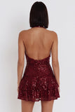 Burgundy Sequins Tiered Ruffle Halter Short Backless Cocktail Dress
