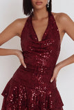 Burgundy Sequins Tiered Ruffle Halter Short Backless Cocktail Dress