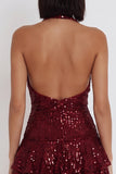 Burgundy Sequins Tiered Ruffle Halter Short Backless Cocktail Dress