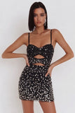 Black Bodycon Cut Out Beaded Spaghetti Straps Short Cocktail Dress with Rhinestone