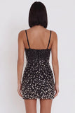 Black Bodycon Cut Out Beaded Spaghetti Straps Short Cocktail Dress with Rhinestone