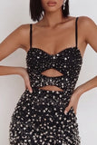 Black Bodycon Cut Out Beaded Spaghetti Straps Short Cocktail Dress with Rhinestone