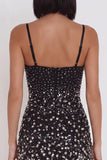 Black Bodycon Cut Out Beaded Spaghetti Straps Short Cocktail Dress with Rhinestone