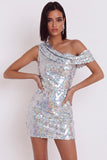 Sparkly Silver Asymmetrical One Shoulder Sequins Bodycon Short Cocktail Dress