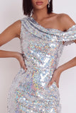 Sparkly Silver Asymmetrical One Shoulder Sequins Bodycon Short Cocktail Dress
