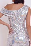 Sparkly Silver Asymmetrical One Shoulder Sequins Bodycon Short Cocktail Dress