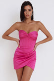 Fuchsia Corset Satin Bodycon Ruched Strapless Short Cocktail Dress