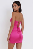 Fuchsia Corset Satin Bodycon Ruched Strapless Short Cocktail Dress
