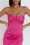 Fuchsia Corset Satin Bodycon Ruched Strapless Short Cocktail Dress
