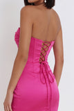 Fuchsia Corset Satin Bodycon Ruched Strapless Short Cocktail Dress
