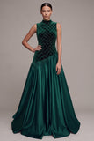 Dark Green Satin A-Line High Neck Cut Out Long Velvet Dress