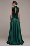 Dark Green Satin A-Line High Neck Cut Out Long Velvet Dress