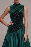 Dark Green Satin A-Line High Neck Cut Out Long Velvet Dress