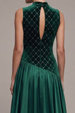 Dark Green Satin A-Line High Neck Cut Out Long Velvet Dress