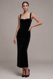 Black Sheath Long Sweetheart Velvet Dress with Rhinestone