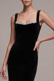Black Sheath Long Sweetheart Velvet Dress with Rhinestone