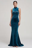 Peacock Blue Corset High Neck Mermaid Long Velvet Dress with Rhinestone