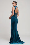 Peacock Blue Corset High Neck Mermaid Long Velvet Dress with Rhinestone