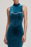 Peacock Blue Corset High Neck Mermaid Long Velvet Dress with Rhinestone