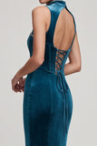 Peacock Blue Corset High Neck Mermaid Long Velvet Dress with Rhinestone