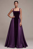 Plum A-Line Satin Square Neck Thick Straps Maxi Velvet Dress