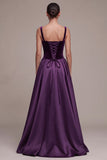 Plum A-Line Satin Square Neck Thick Straps Maxi Velvet Dress
