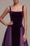 Plum A-Line Satin Square Neck Thick Straps Maxi Velvet Dress