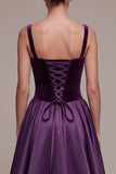 Plum A-Line Satin Square Neck Thick Straps Maxi Velvet Dress