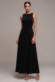 A-Line Black Round Neck Maxi Velvet Dress