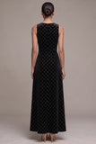 A-Line Black Round Neck Maxi Velvet Dress