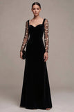 Black A-Line Long Sleeves Sweetheart Maxi Velvet Dress with Embroidery